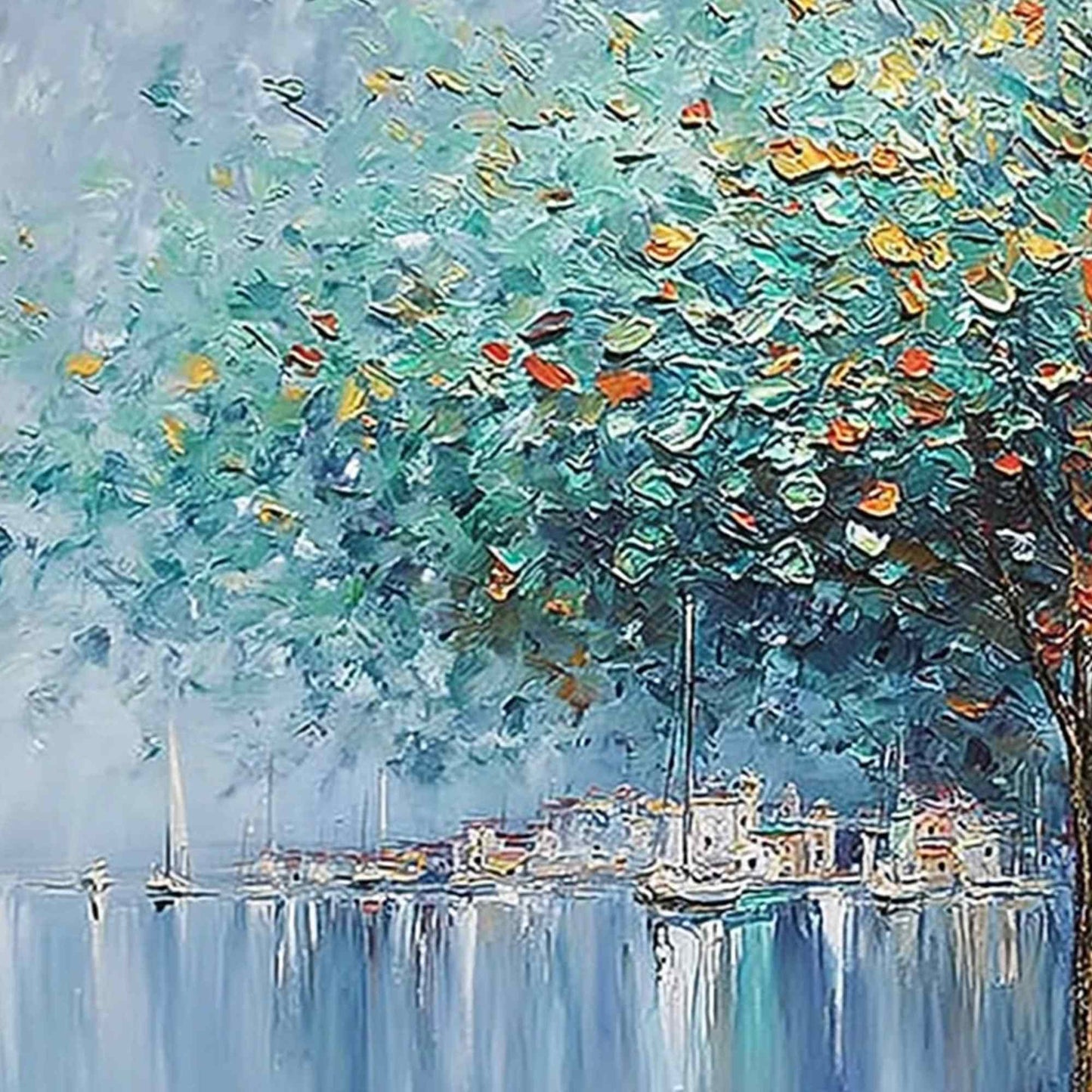 Harbor of Hues hand-painted crimson, golden yellow, turquoise and violet textured coastal landscape painting shown with gold frame
