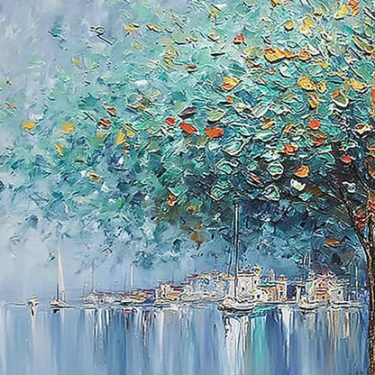 Harbor of Hues hand-painted crimson, golden yellow, turquoise and violet textured coastal landscape painting shown with gold frame