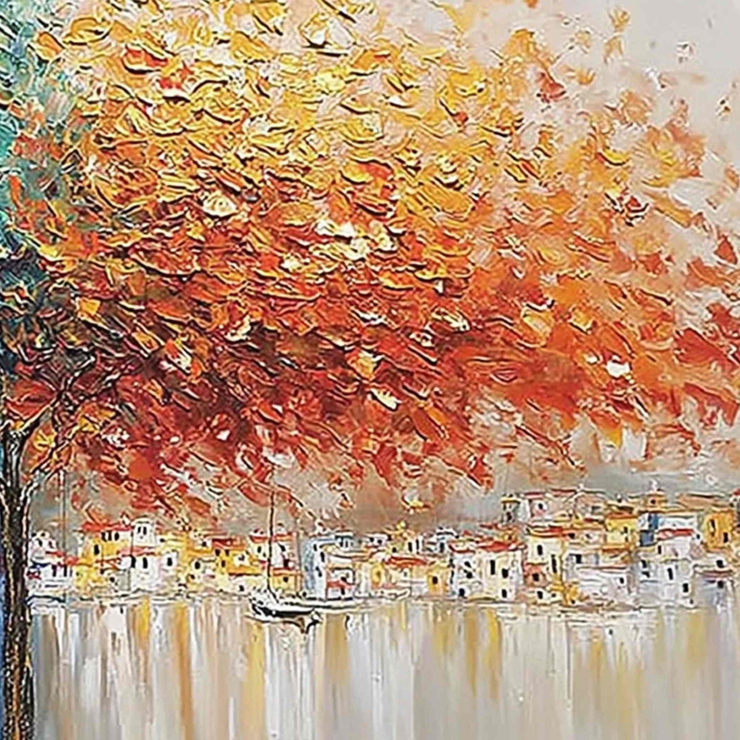 Harbor of Hues hand-painted crimson, golden yellow, turquoise and violet textured coastal landscape painting shown with white frame