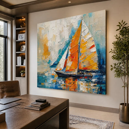 Harbor Carnival hand-painted ocean blue, ivory and soft neutral tones textured sailboat seascape painting