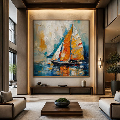 Harbor Carnival hand-painted ocean blue, ivory and soft neutral tones textured sailboat seascape painting