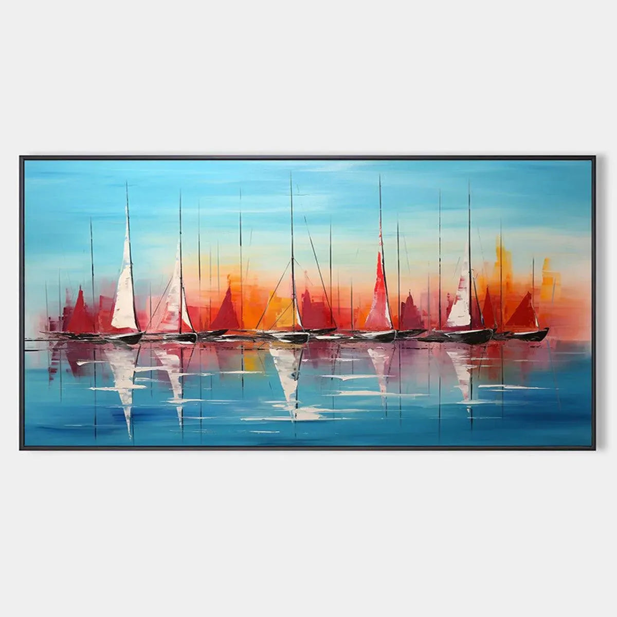 Harbor Sunset hand-painted ocean blue, ivory and soft neutral tones textured sailboat seascape painting rolled canvas option