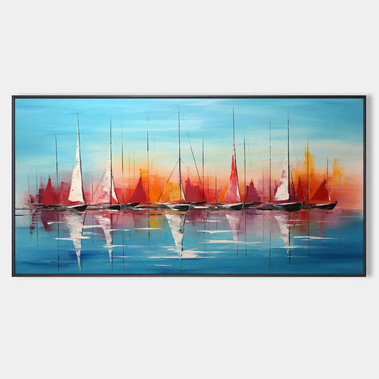 Harbor Sunset hand-painted ocean blue, ivory and soft neutral tones textured sailboat seascape painting rolled canvas option