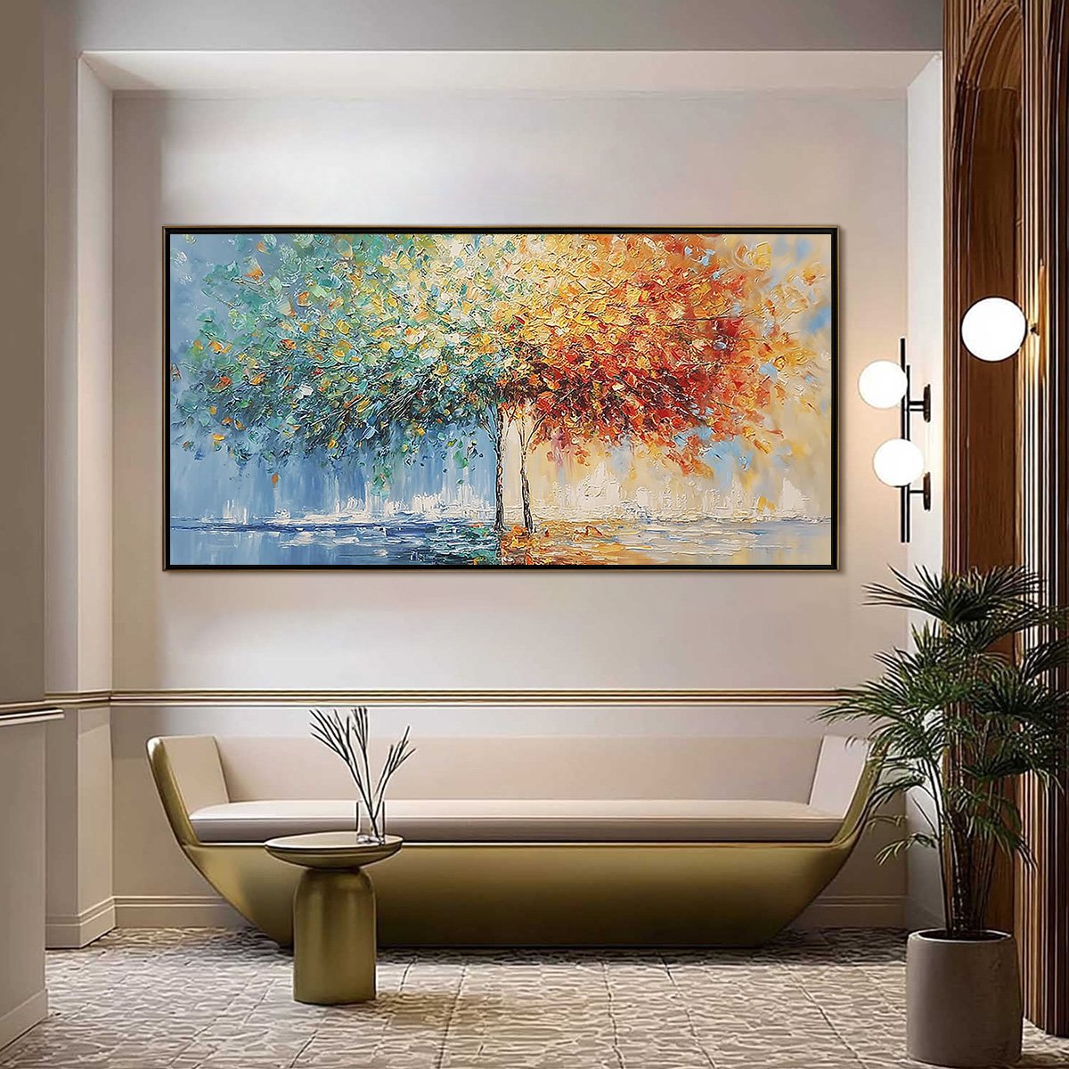 Harmony in Transition hand-painted crimson, golden yellow, turquoise and violet textured tree painting shown as stretched canvas