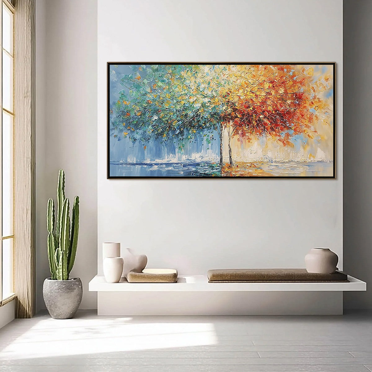 Harmony in Transition hand-painted crimson, golden yellow, turquoise and violet textured tree painting shown with silver frame