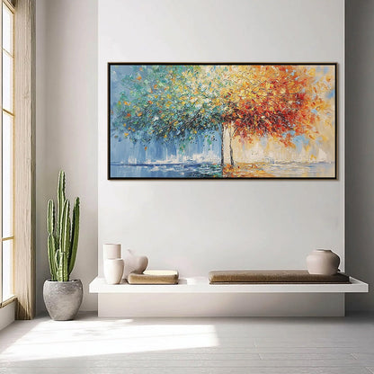 Harmony in Transition hand-painted crimson, golden yellow, turquoise and violet textured tree painting shown with silver frame