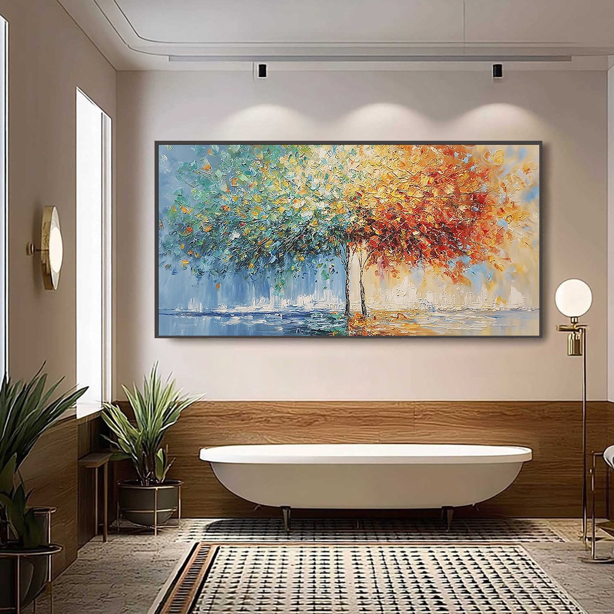 Harmony in Transition hand-painted crimson, golden yellow, turquoise and violet textured tree painting shown as stretched canvas
