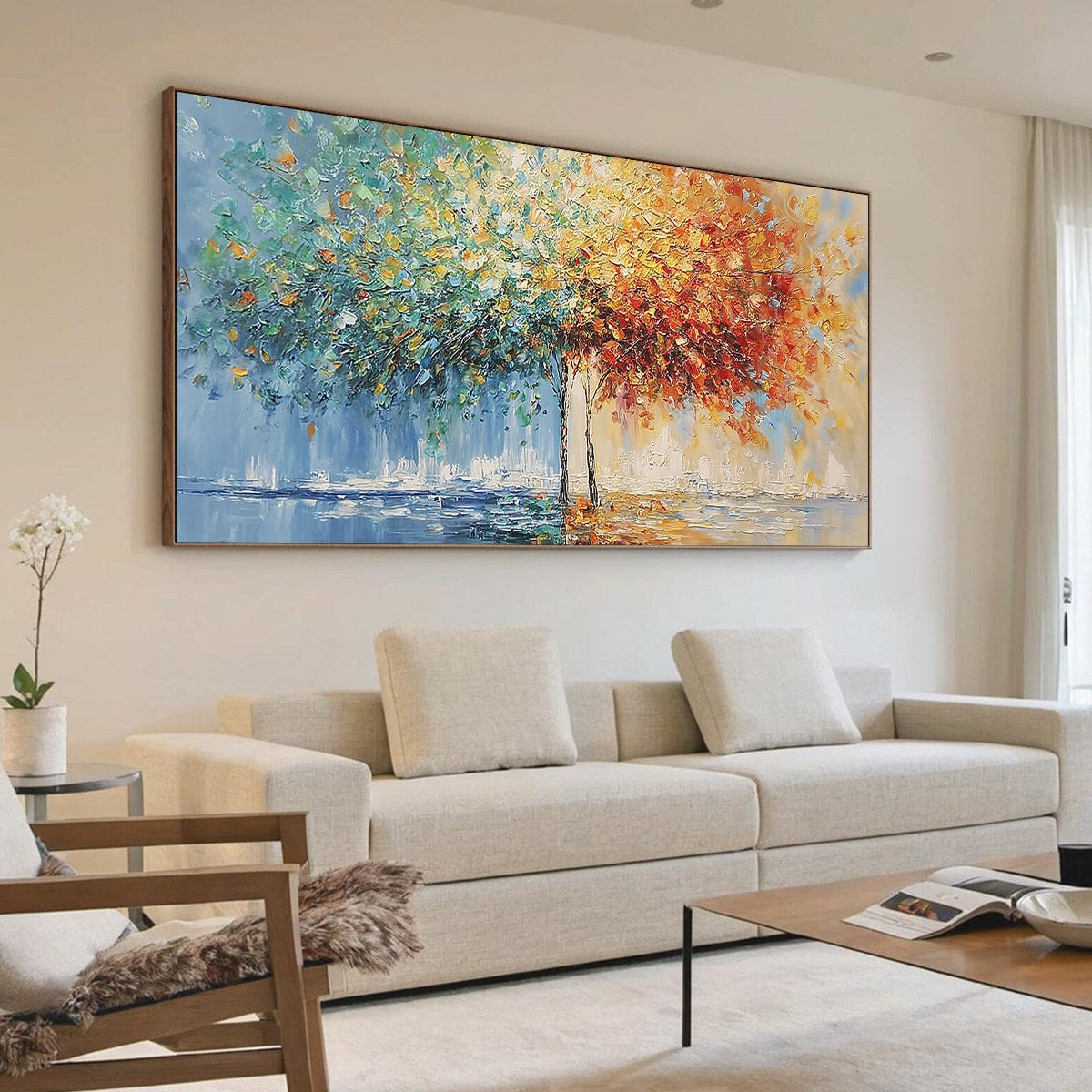 Harmony in Transition hand-painted crimson, golden yellow, turquoise and violet textured tree painting shown with wood frame