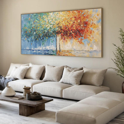 Harmony in Transition hand-painted crimson, golden yellow, turquoise and violet textured tree painting rolled canvas option