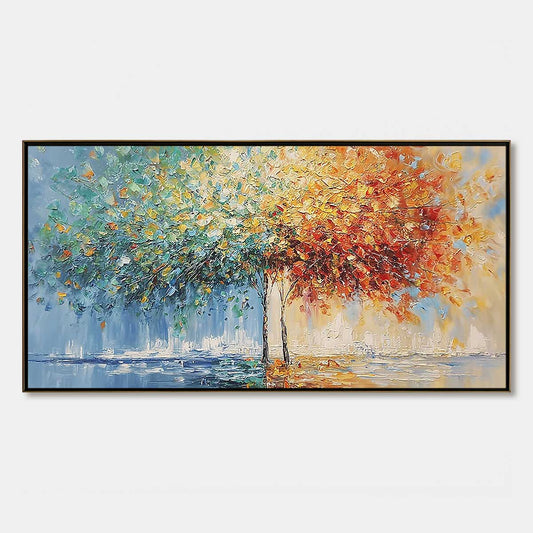 Harmony in Transition hand-painted crimson, golden yellow, turquoise and violet textured tree painting rolled canvas option