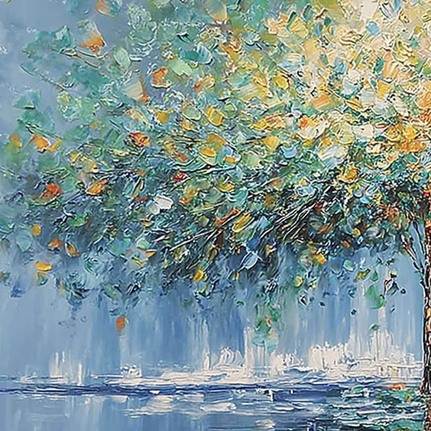 Harmony in Transition hand-painted crimson, golden yellow, turquoise and violet textured tree painting shown with gold frame