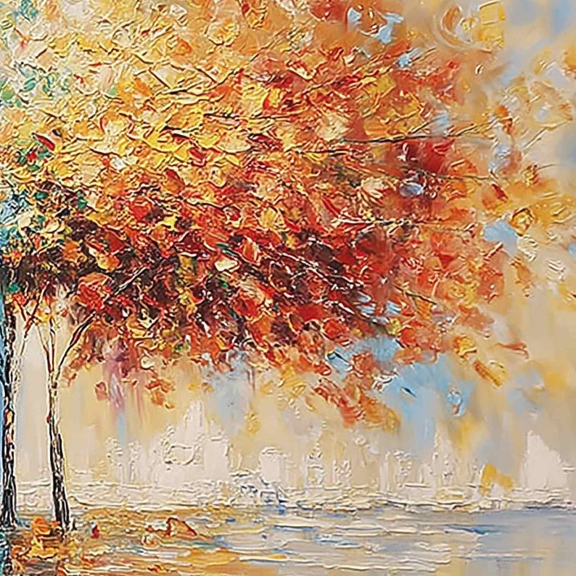Harmony in Transition hand-painted crimson, golden yellow, turquoise and violet textured tree painting shown with white frame
