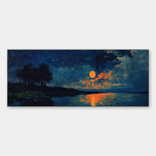 Harvest Moon Over The Lake hand-painted ocean blue and ivory textured sunset seascape painting rolled canvas option