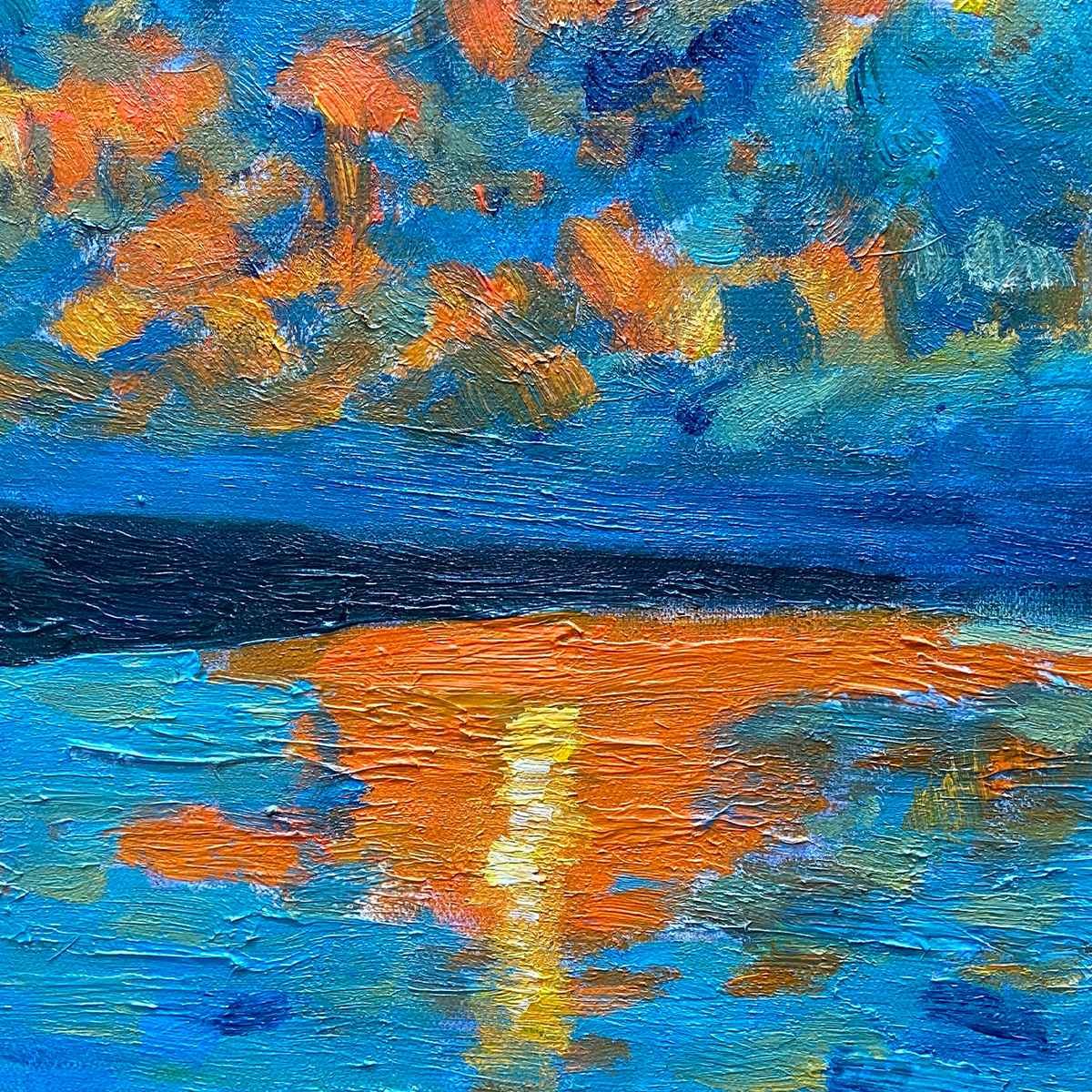 Harvest Moon Over The Lake hand-painted ocean blue and ivory textured sunset seascape painting shown with silver frame