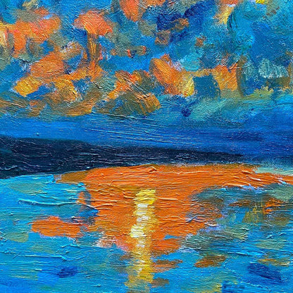 Harvest Moon Over The Lake hand-painted ocean blue and ivory textured sunset seascape painting shown with silver frame