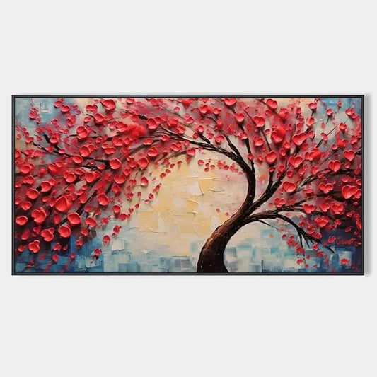 Heart Tree hand-painted red and ivory textured tree painting rolled canvas option