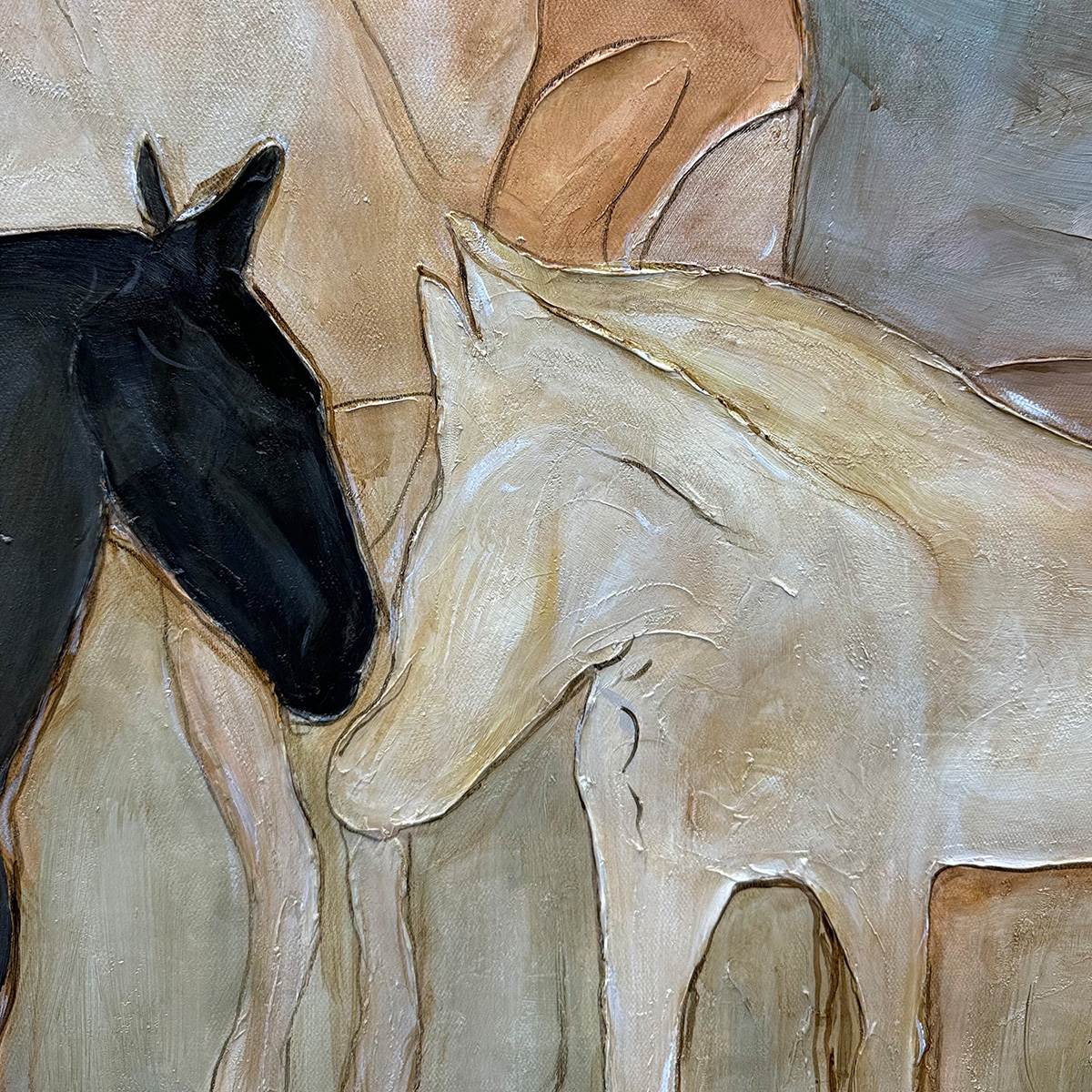 Blush and Grey Horse Impasto Oil Painting – Herd Whispers