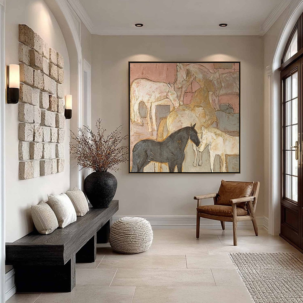 Blush and Grey Horse Impasto Oil Painting – Herd Whispers