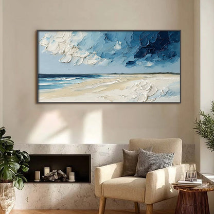 Horizon's Breath hand-painted white, sand and ocean blue textured coastal landscape painting shown as stretched canvas