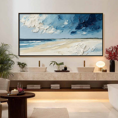 Horizon's Breath hand-painted white, sand and ocean blue textured coastal landscape painting shown with silver frame