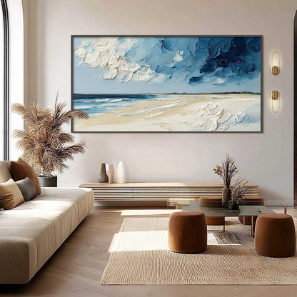 Horizon's Breath hand-painted white, sand and ocean blue textured coastal landscape painting shown with black frame
