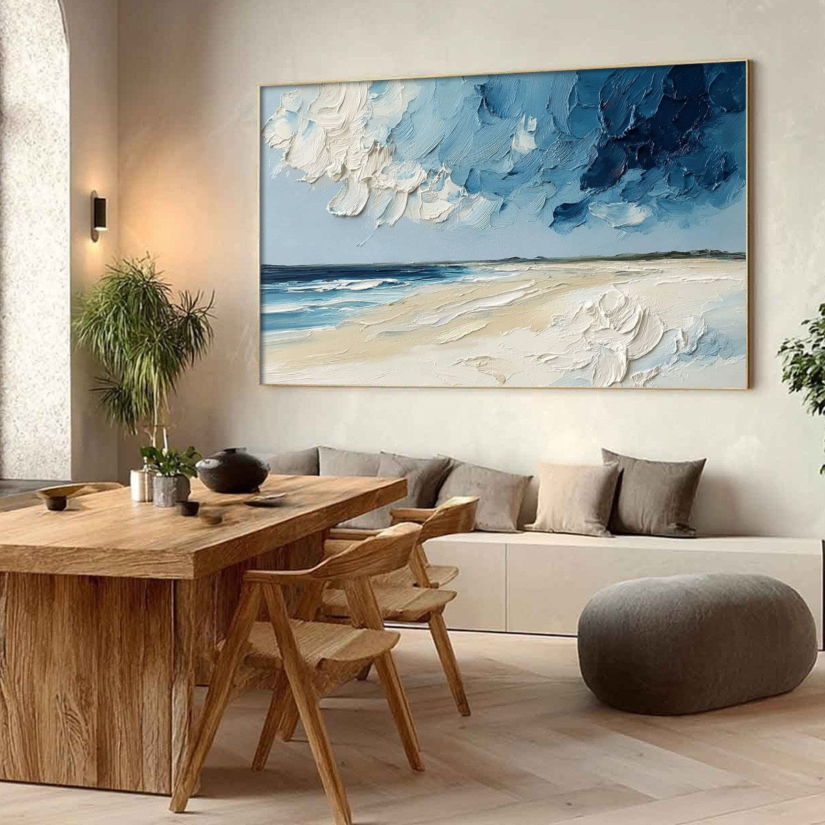 Horizon's Breath hand-painted white, sand and ocean blue textured coastal landscape painting shown with wood frame