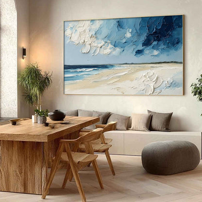 Horizon's Breath hand-painted white, sand and ocean blue textured coastal landscape painting shown with wood frame