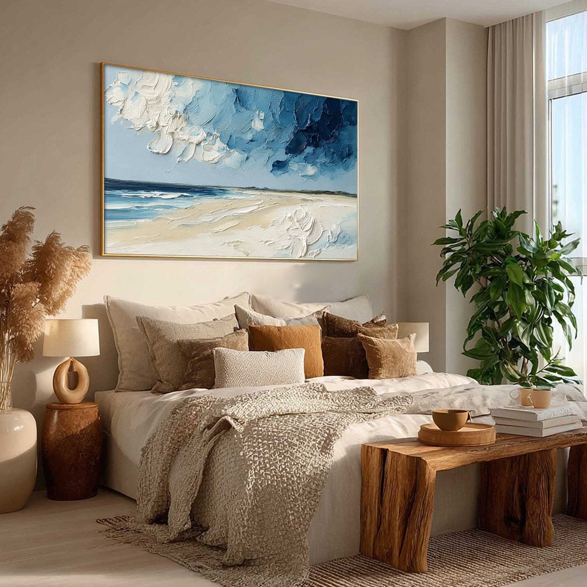 Horizon's Breath hand-painted white, sand and ocean blue textured coastal landscape painting rolled canvas option