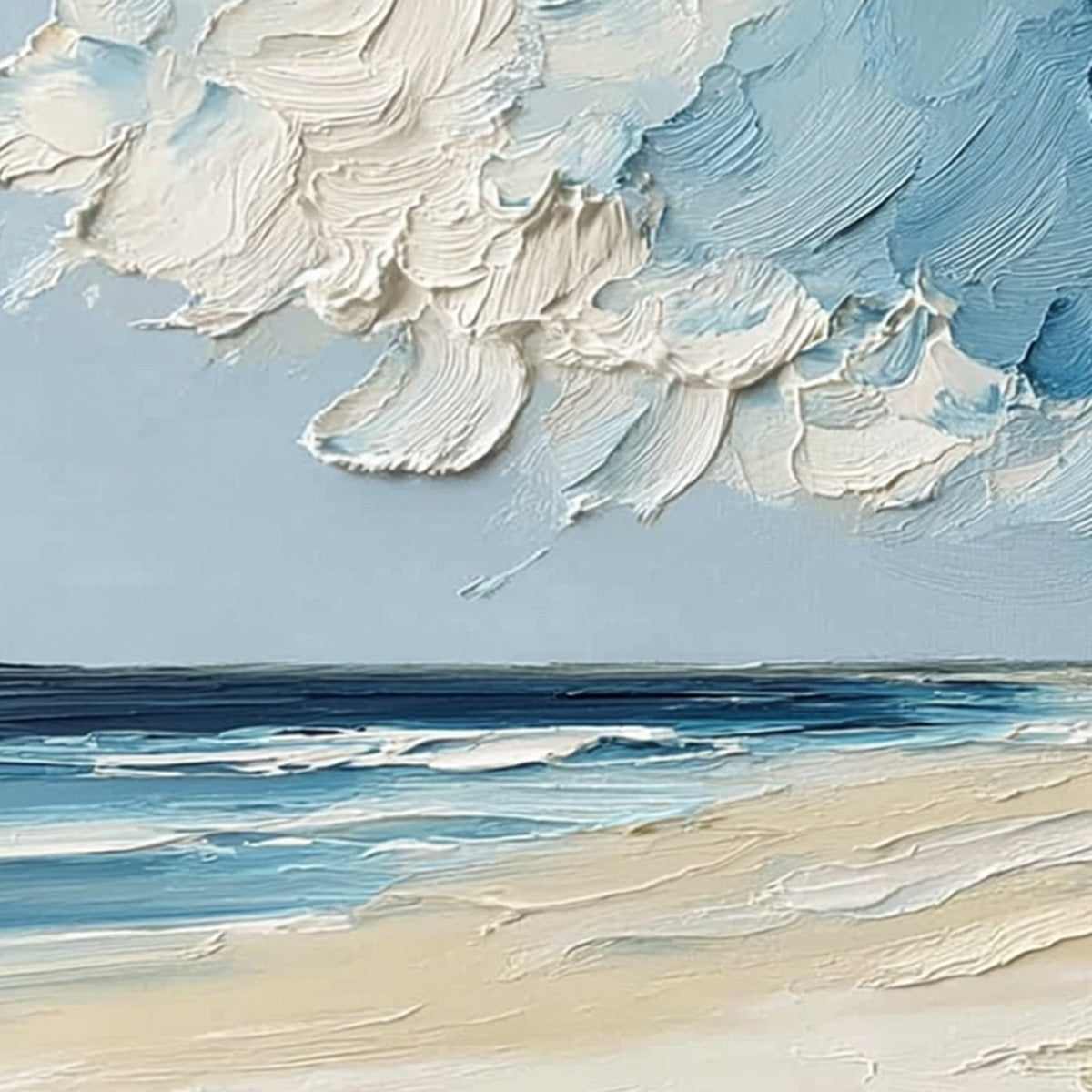 Horizon's Breath hand-painted white, sand and ocean blue textured coastal landscape painting shown with gold frame