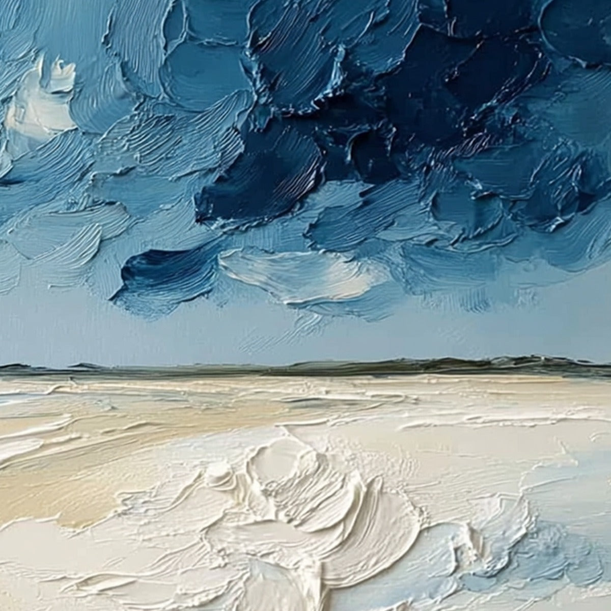 Horizon's Breath hand-painted white, sand and ocean blue textured coastal landscape painting shown with white frame