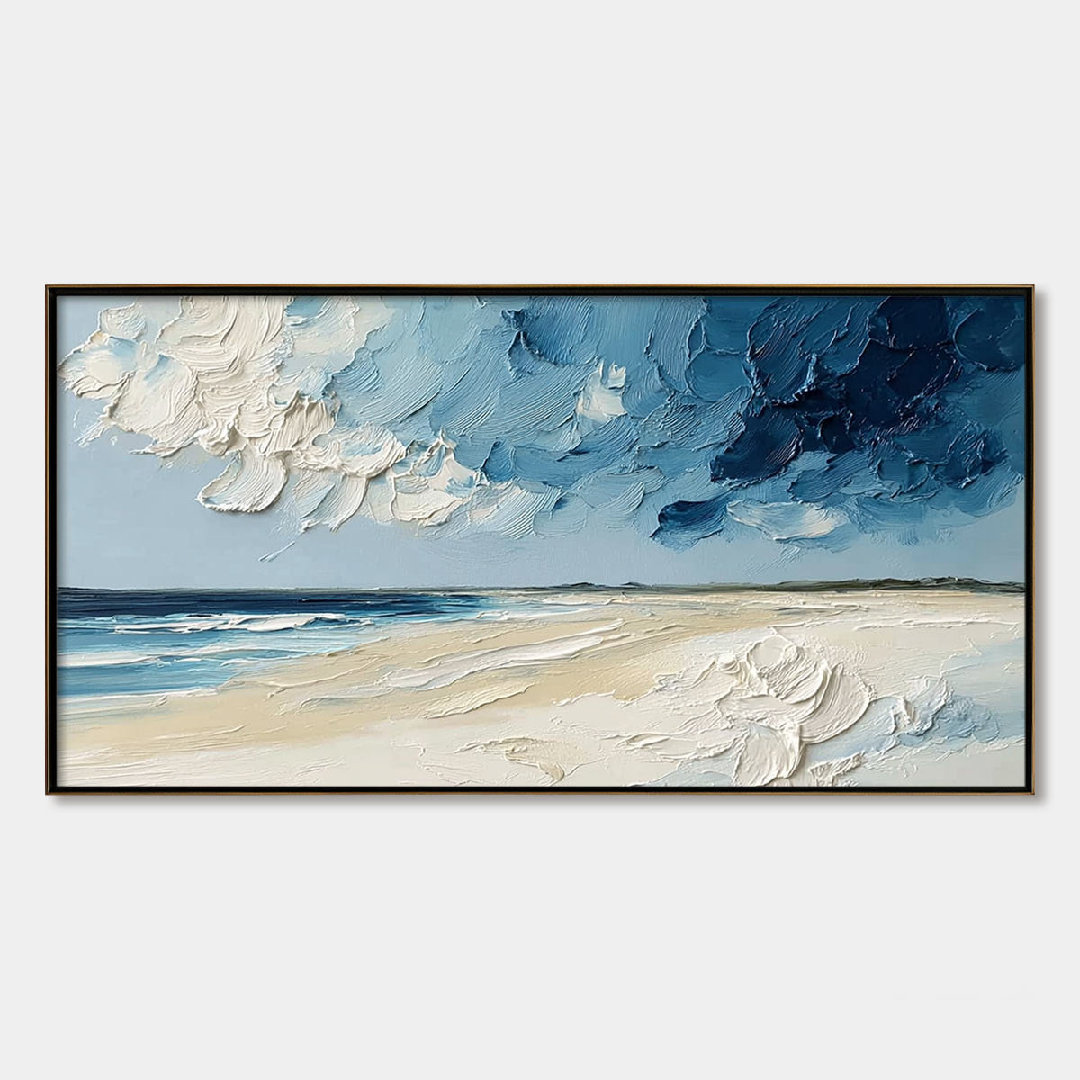 Horizon's Breath hand-painted white, sand and ocean blue textured coastal landscape painting rolled canvas option