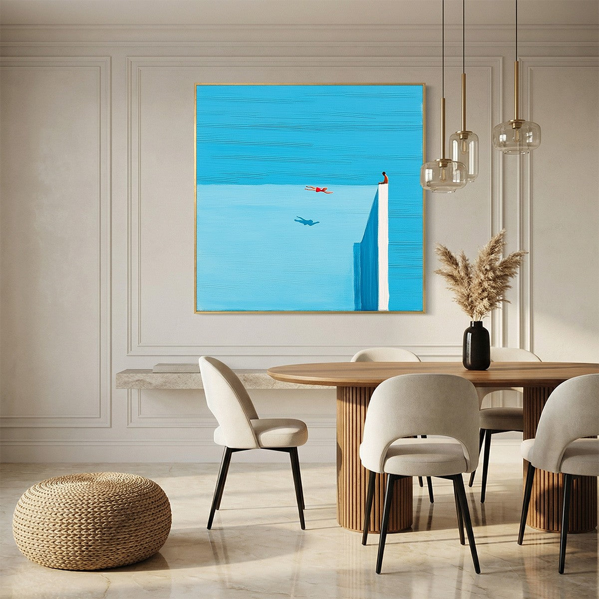 Horizon's Edge hand-painted ocean blue and ivory textured coastal abstract painting shown as stretched canvas