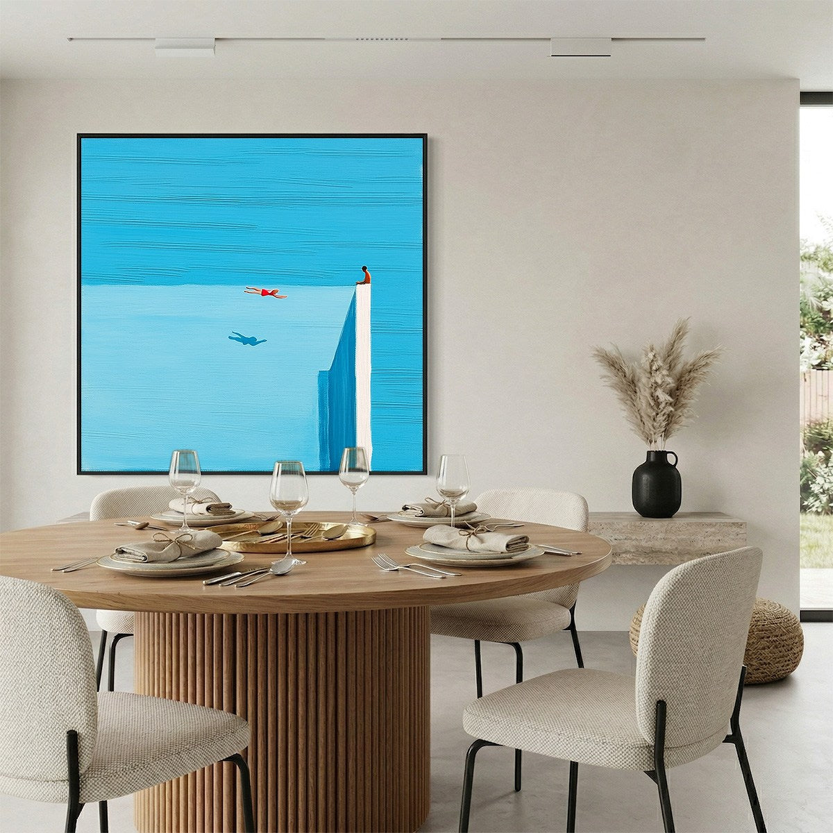 Horizon's Edge hand-painted ocean blue and ivory textured coastal abstract painting shown with silver frame