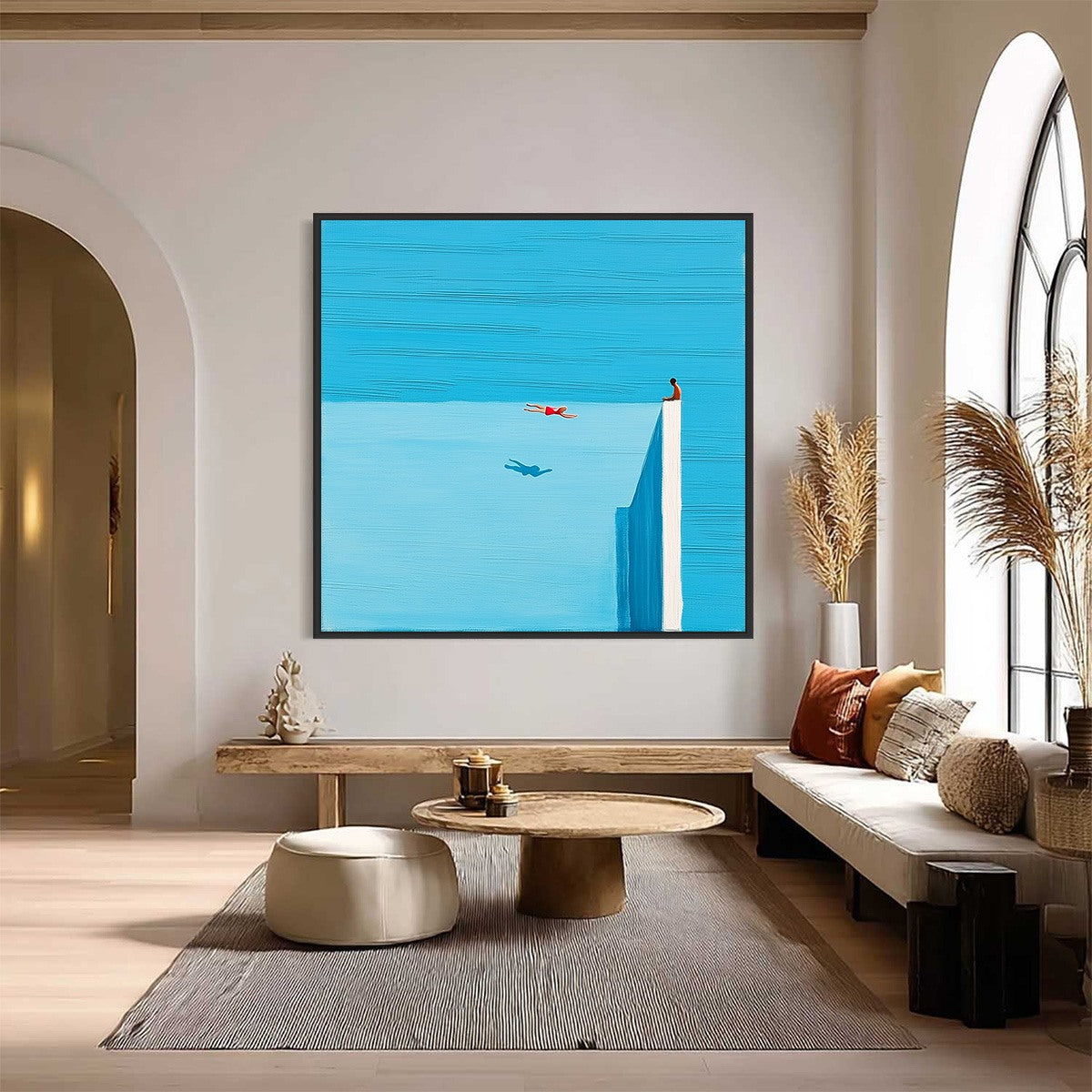 Horizon's Edge hand-painted ocean blue and ivory textured coastal abstract painting shown with black frame