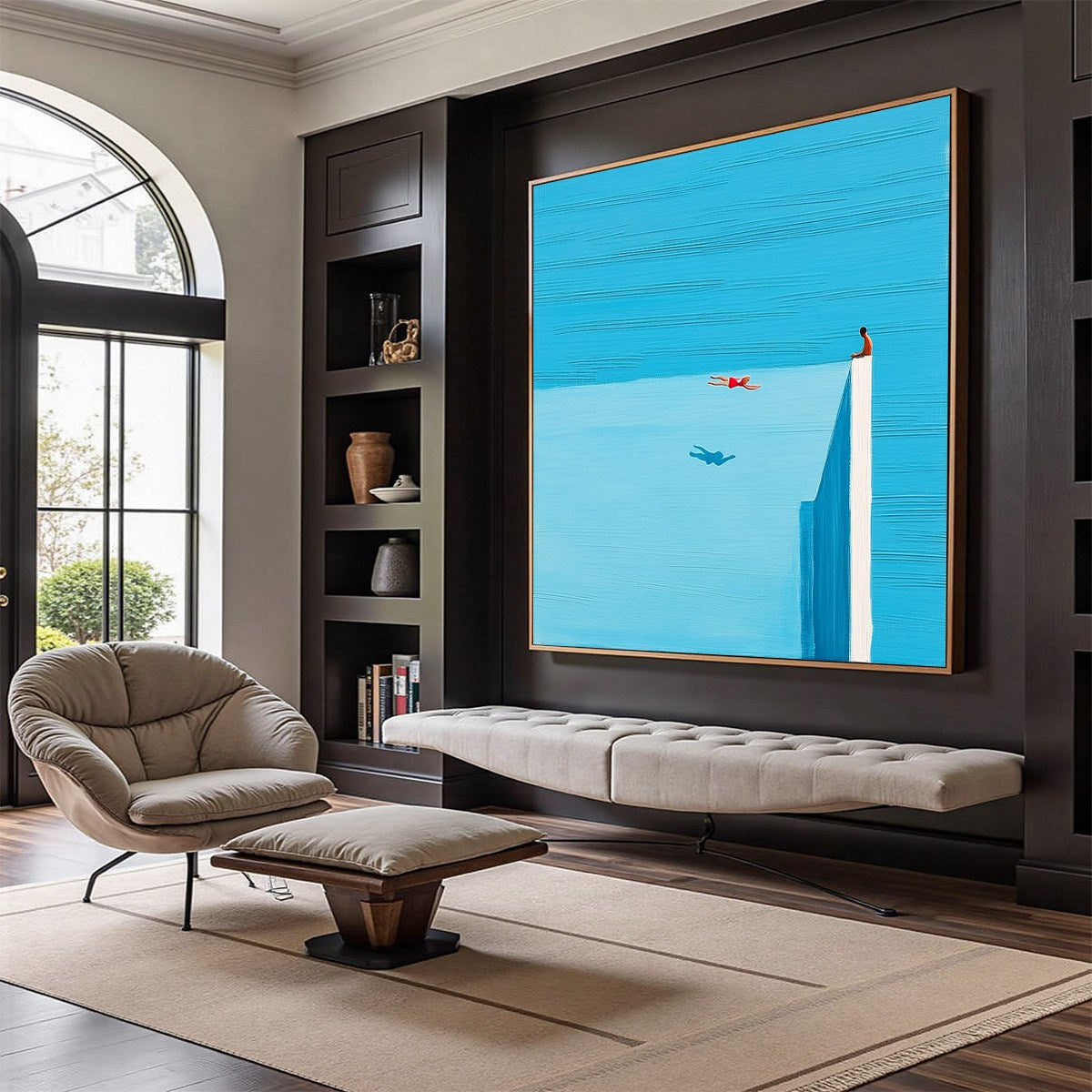 Horizon's Edge hand-painted ocean blue and ivory textured coastal abstract painting shown with wood frame