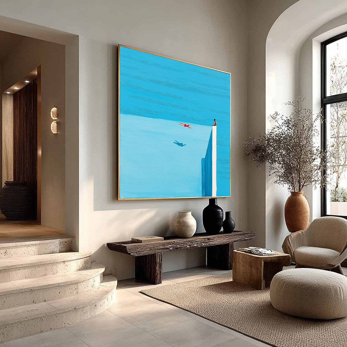 Horizon's Edge hand-painted ocean blue and ivory textured coastal abstract painting rolled canvas option
