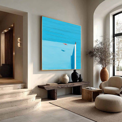 Horizon's Edge hand-painted ocean blue and ivory textured coastal abstract painting rolled canvas option
