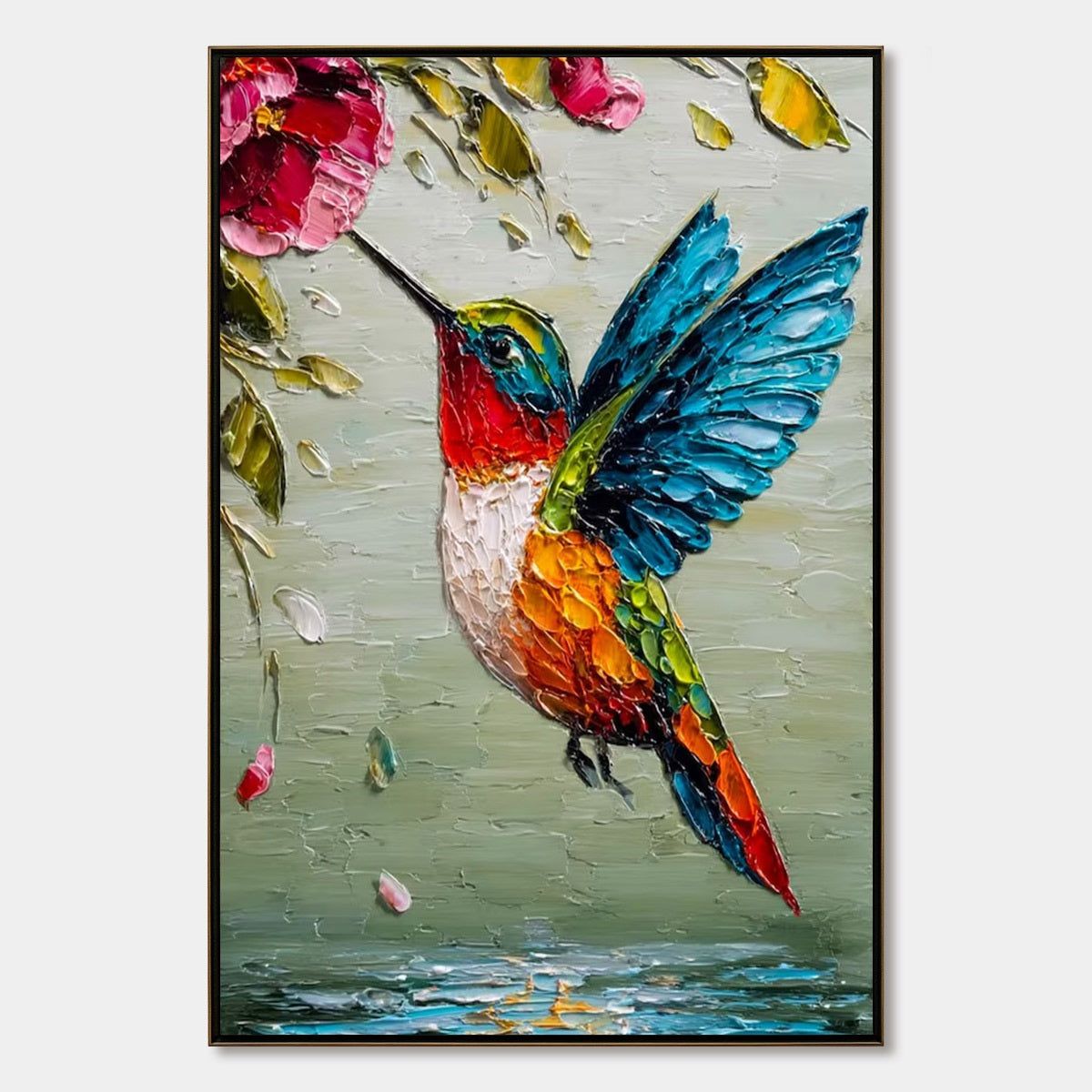 Hummingbird Radiance – Floral Impasto Oil Painting, view 1