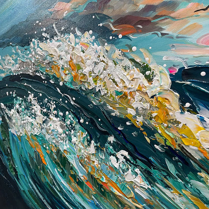 Oceanic Pulse hand-painted teal, gold and coral textured seascape painting shown with black frame