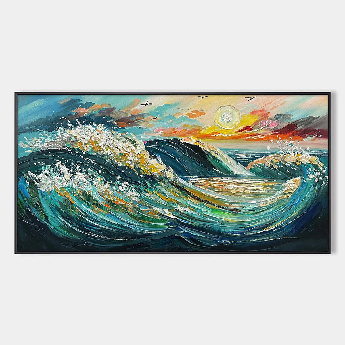Oceanic Pulse hand-painted teal, gold and coral textured seascape painting rolled canvas option