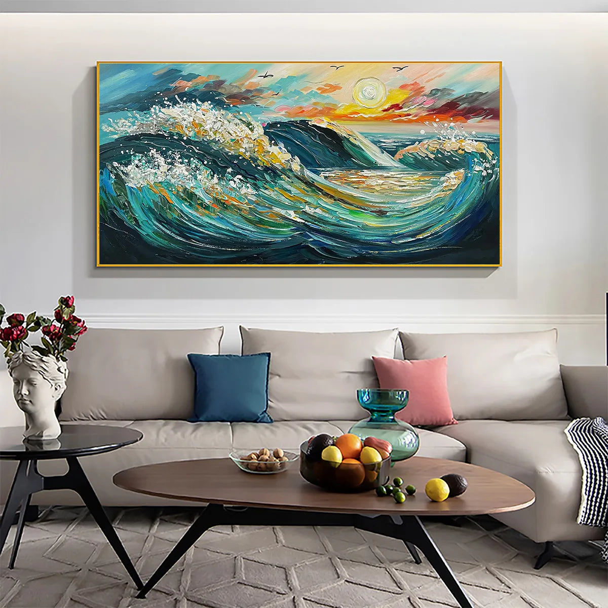 Oceanic Pulse hand-painted teal, gold and coral textured seascape painting shown with wood frame