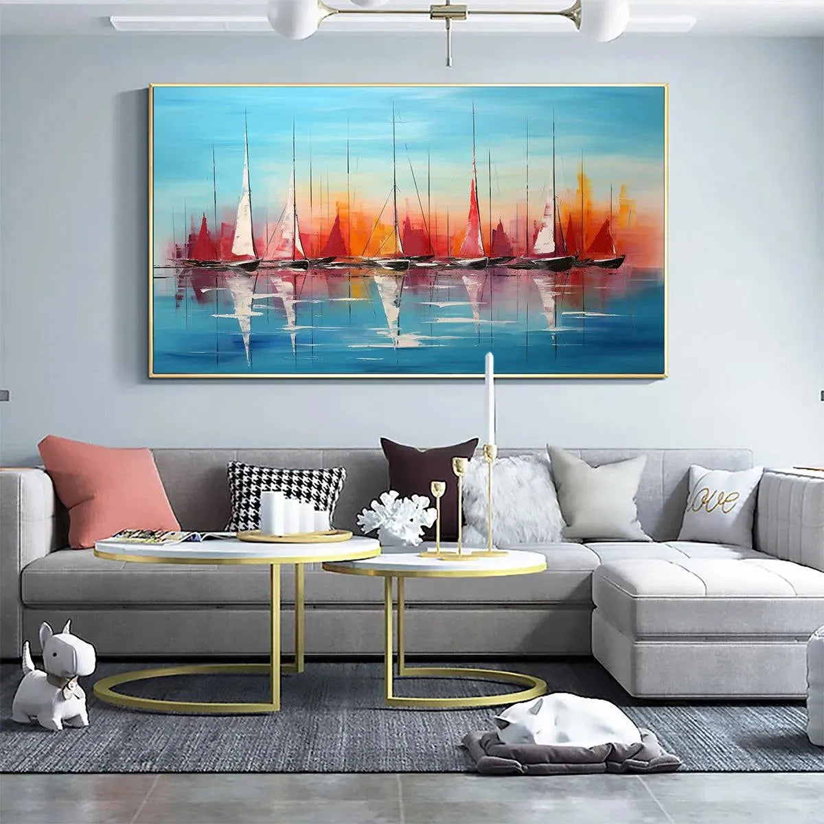 Harbor Sunset hand-painted ocean blue, ivory and soft neutral tones textured sailboat seascape painting shown with white frame