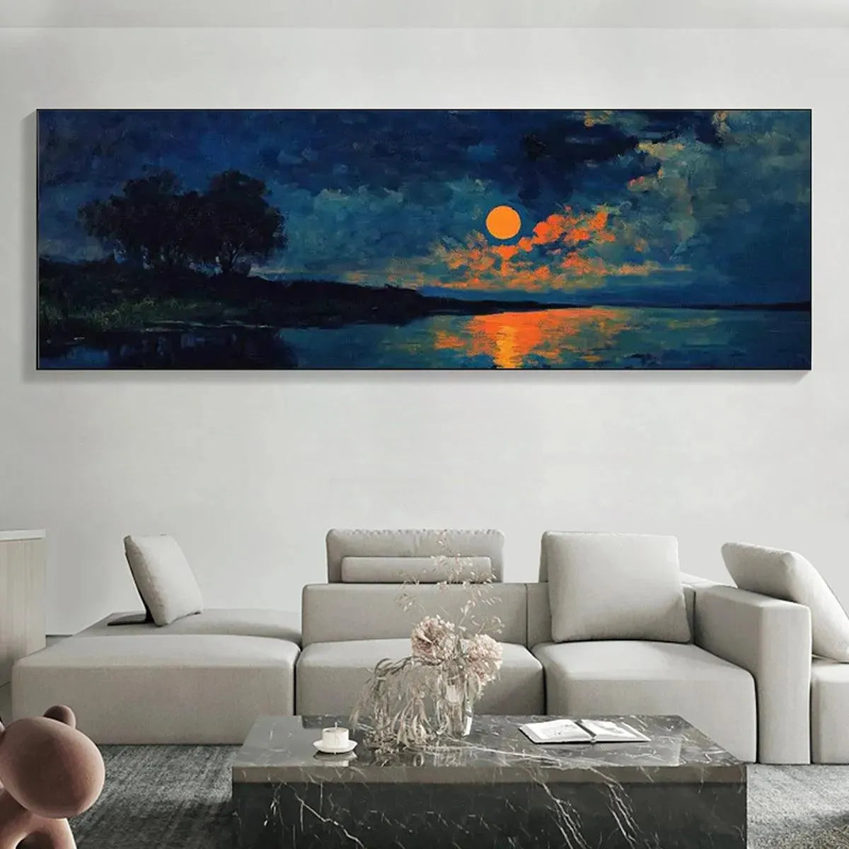 Harvest Moon Over The Lake hand-painted ocean blue and ivory textured sunset seascape painting rolled canvas option