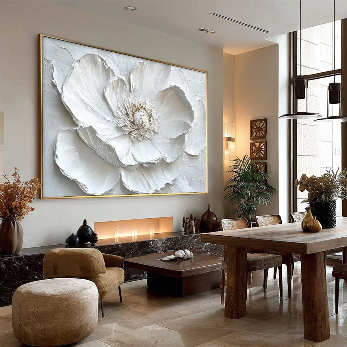 White and Ivory Minimalist Floral Textured Oil Painting – Ivory Bloom