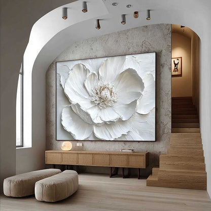 White and Ivory Minimalist Floral Textured Oil Painting – Ivory Bloom