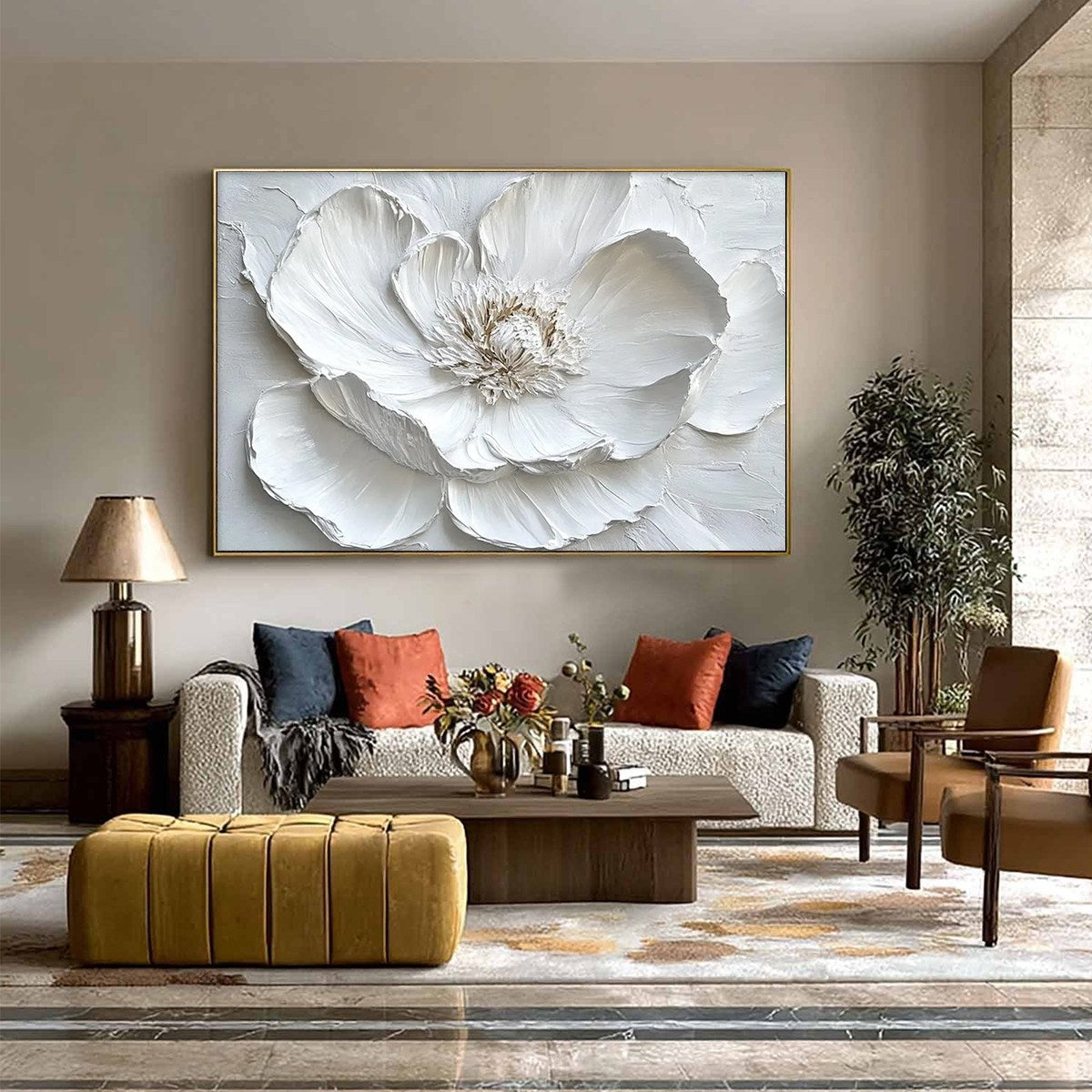 White and Ivory Minimalist Floral Textured Oil Painting – Ivory Bloom