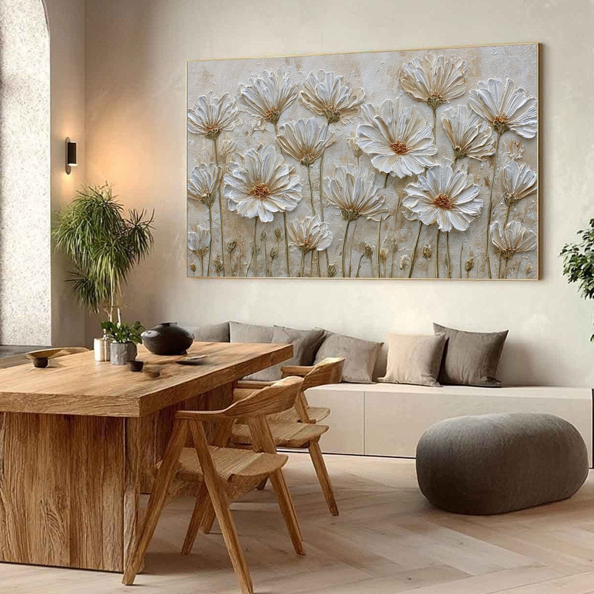 White and Ivory Wabi-Sabi Floral Impasto Painting – Ivory Bloom