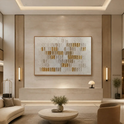 Gold and White Wabi-Sabi Abstract Oil Painting – Ivory Halo