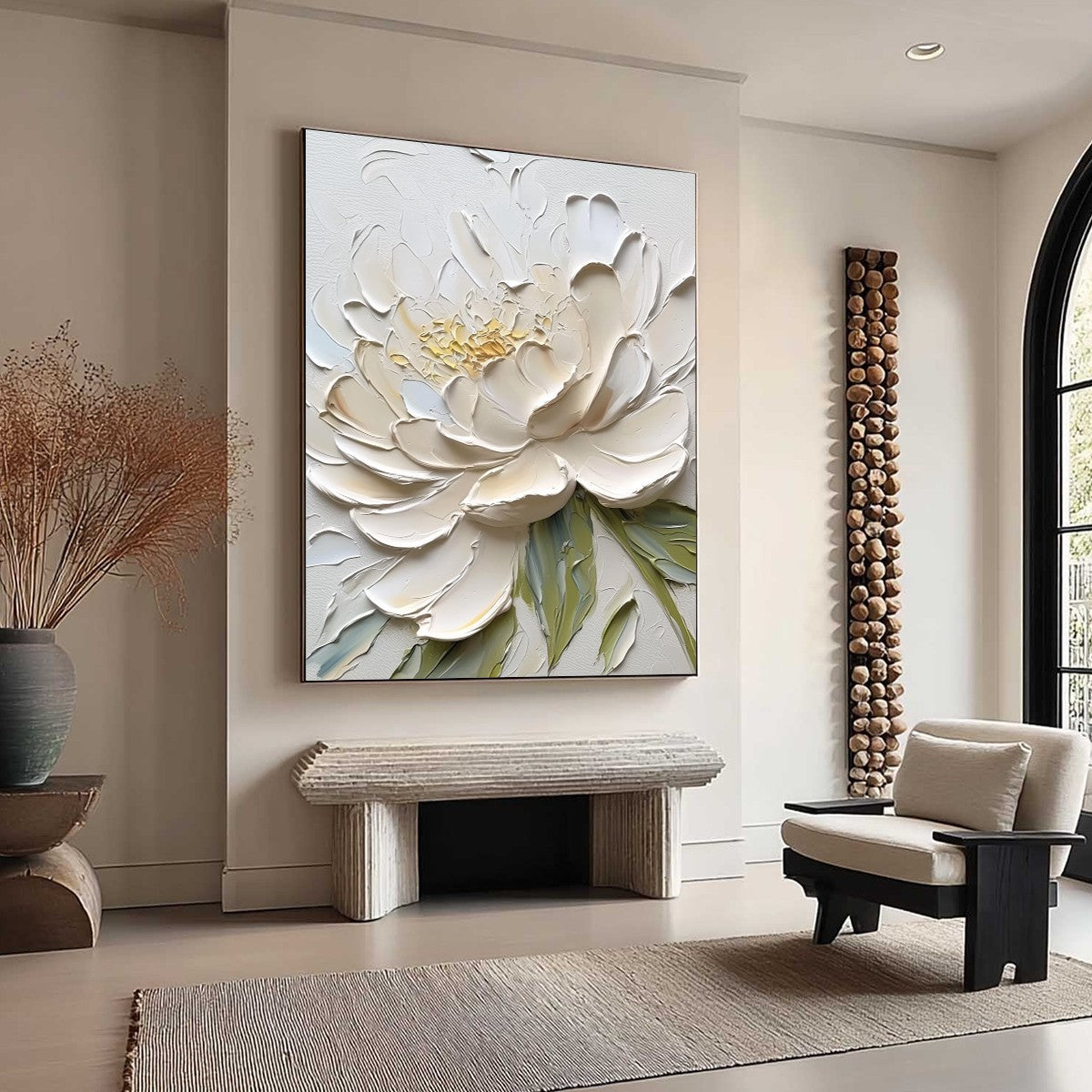 Green and Yellow Peony Impasto Painting – Ivory Petals