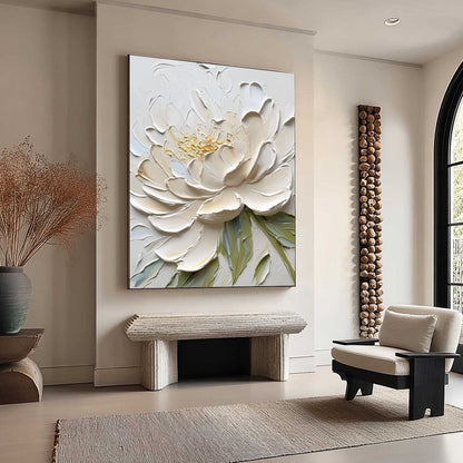 Green and Yellow Peony Impasto Painting – Ivory Petals